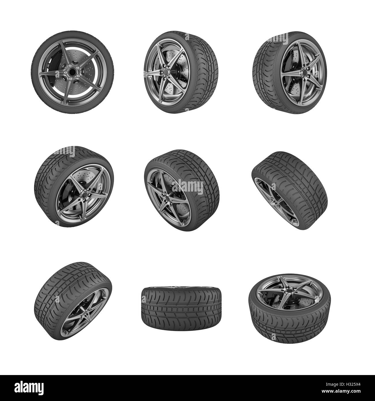 Pneus en perspective sur fond blanc - 3D render Banque D'Images