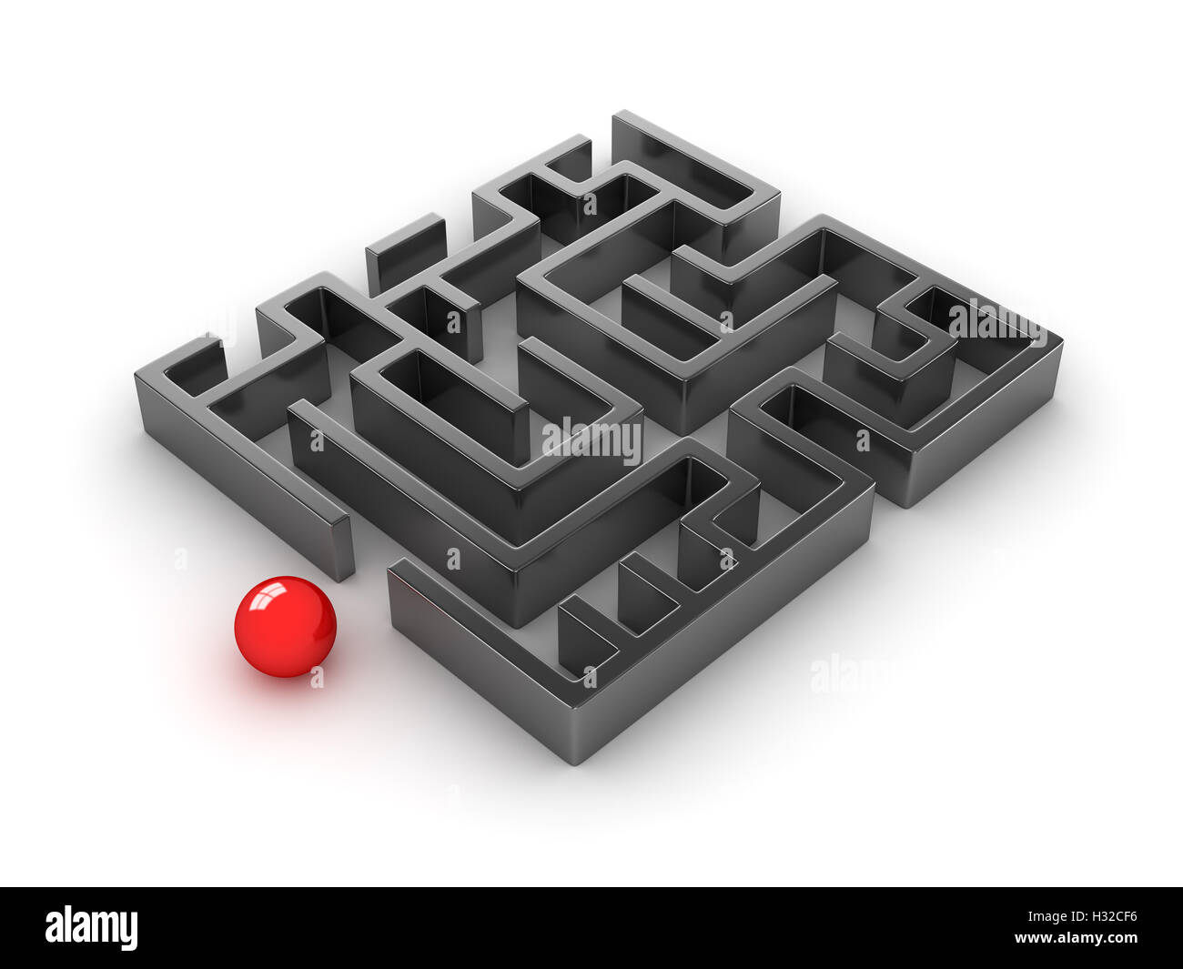 Labyrinthe noir et rouge sur le fond blanc , c'est un rendu 3d'image de synthèse. Isolé sur blanc. Banque D'Images