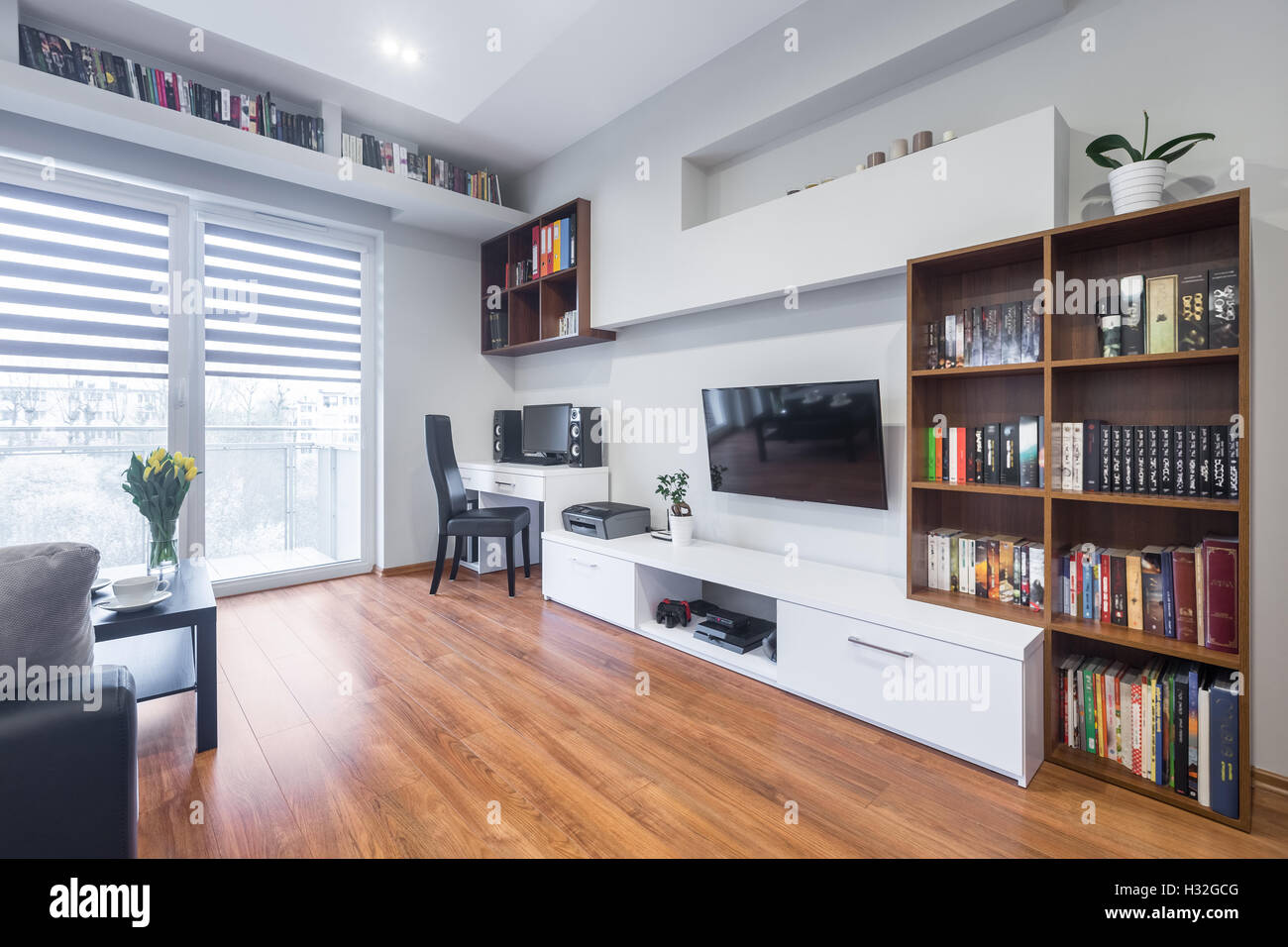 Lumineux et spacieux salon avec fenêtre, télévision, bookshelfs, panneaux de plancher et des meubles modernes. Banque D'Images