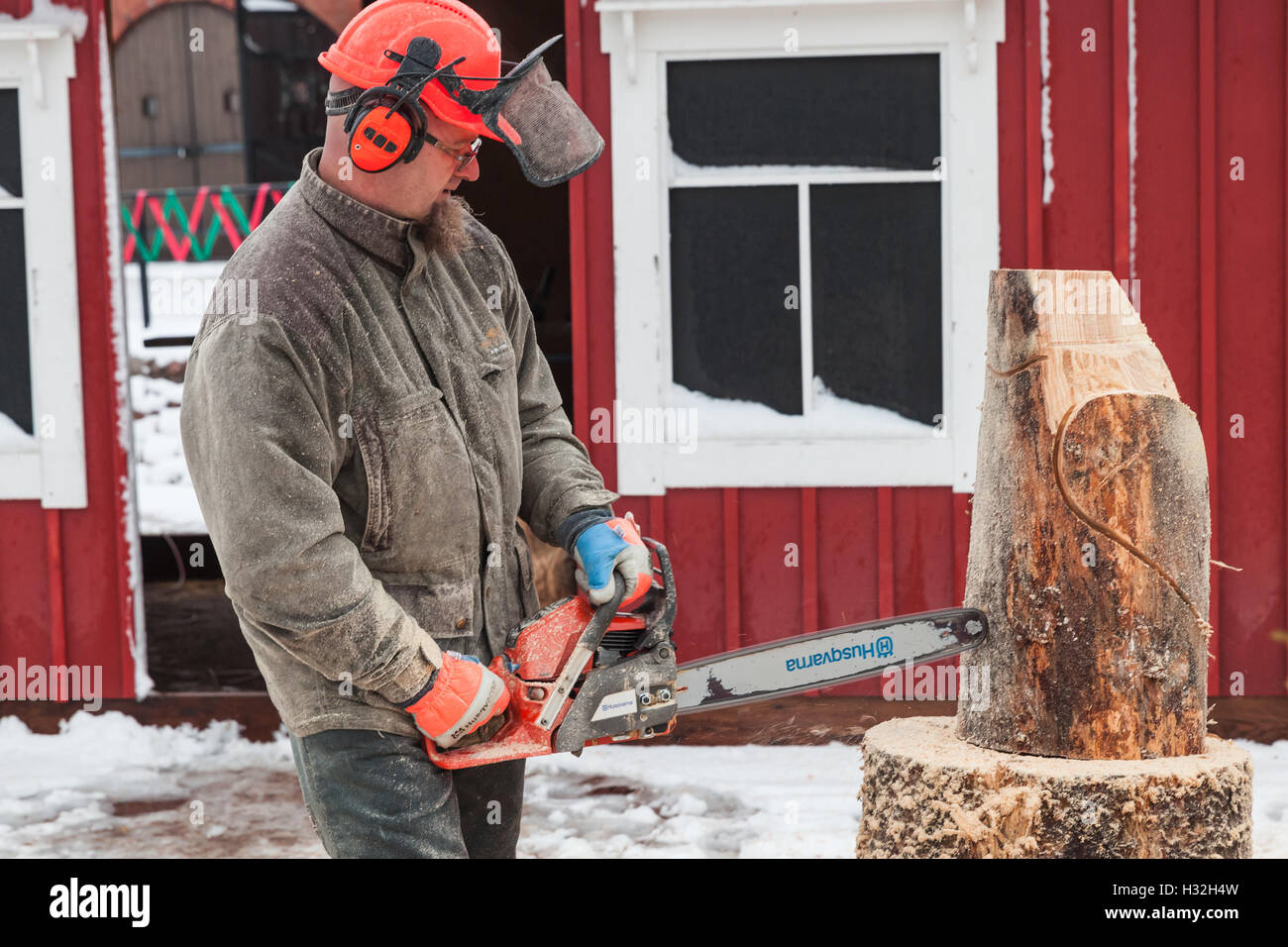 Hamina, Finlande - le 13 décembre 2014 : maître sculpteur finlandais avec une tronçonneuse produit d'oiseaux en bois sculpture Banque D'Images