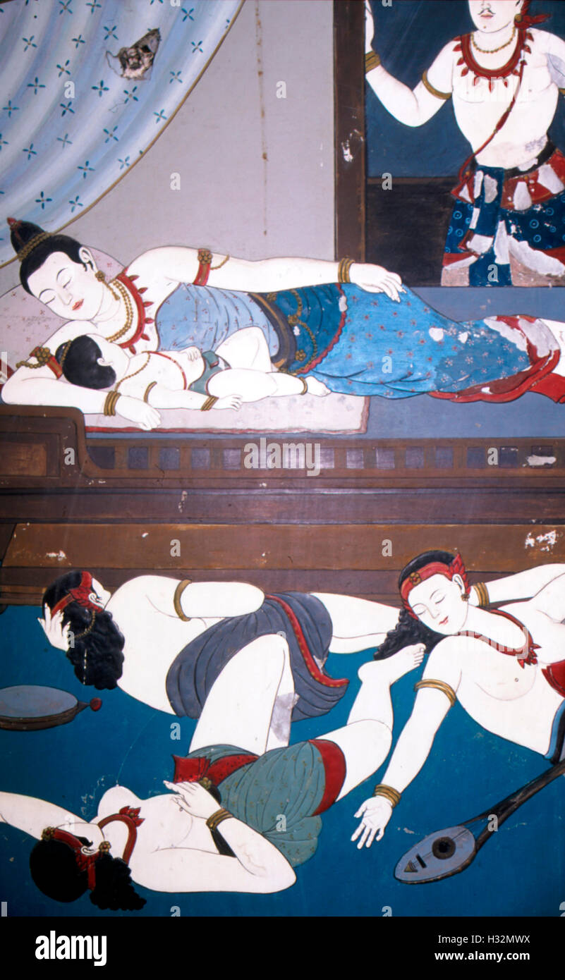 Fresque du Temple de Prince Siddhartha (Bouddha) comme un enfant couché avec sa mère Banque D'Images