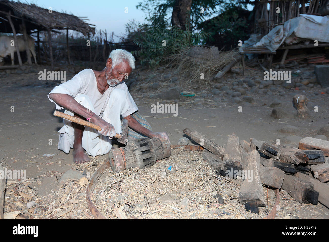 Ce vieil homme Taureau des roues de chariot, PRADHAN TRIBU, Pradhanbori Kalamb Taluka, Village, district de Yavatmal, Maharashtra, Inde Banque D'Images