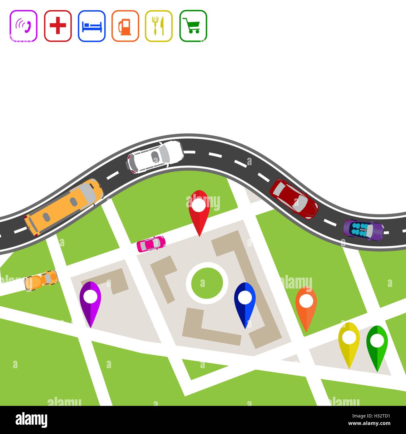 Road l'infographie. Route sinueuse avec des marqueurs sur la carte du ...