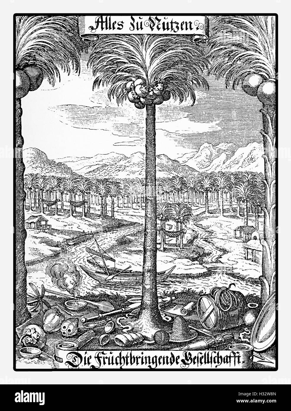 Année 1646, document publicitaire de fruits company, gravure d'époque Banque D'Images