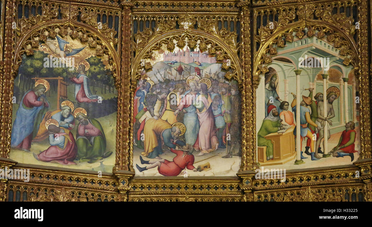 Les peintures de l'Judas Kiss, le jardin de Gethsémani et le Vendredi Saint sur le retable (1430-1450) de l'ancienne cathédrale, Salamanque Banque D'Images