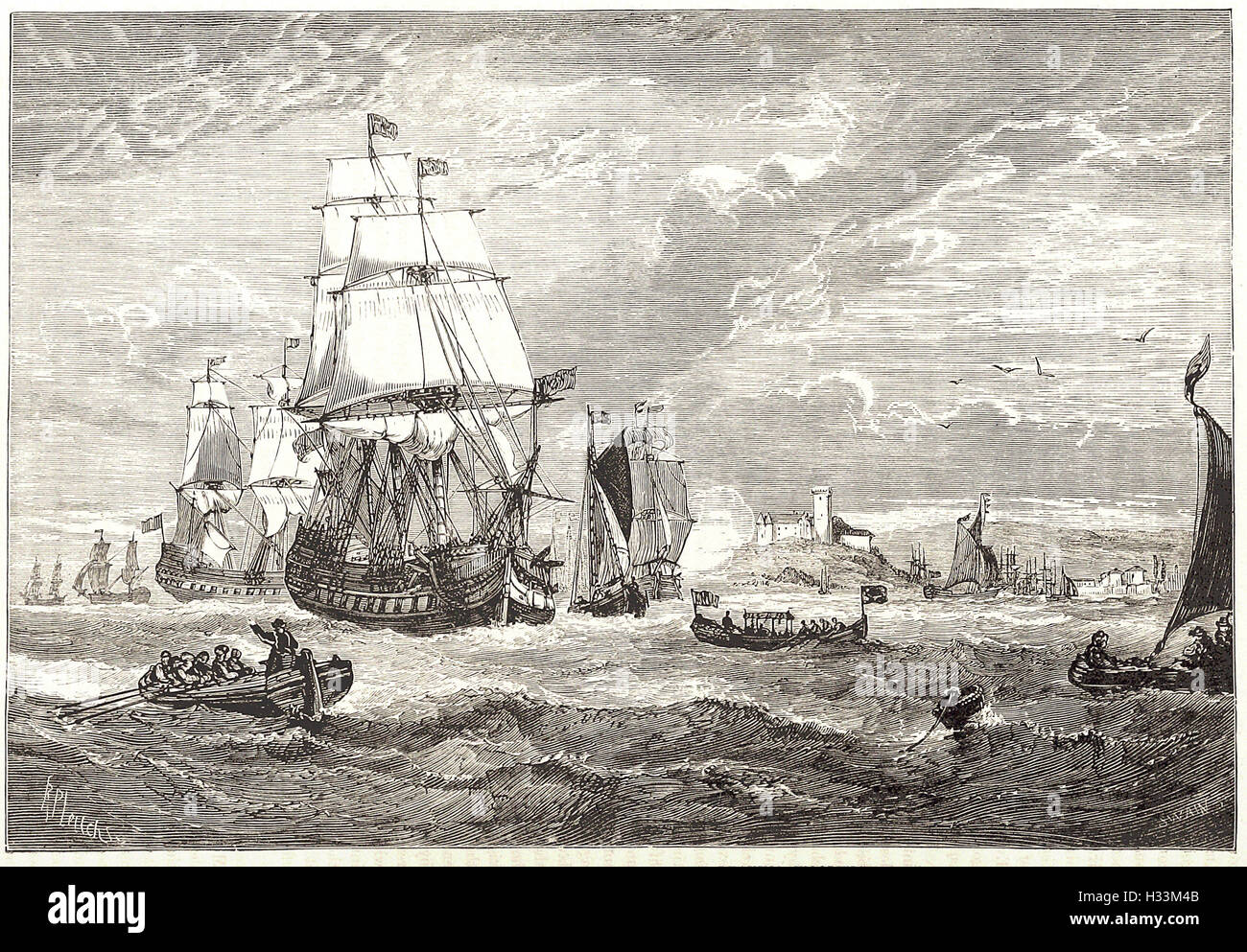 La première flotte de la EAST INDIA COMPANY QUITTER WOOLWICH (1601) - à partir de la 'Cassell's Illustrated Histoire universelle" - 1882 Banque D'Images