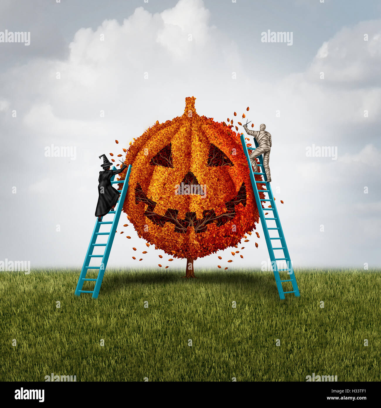 Pumpkin tree concept à une sorcière et maman monster parage une orange jack o lantern plante comme une célébration de l'halloween le symbole d'une tradition d'automne festif avec 3D illustration éléments. Banque D'Images