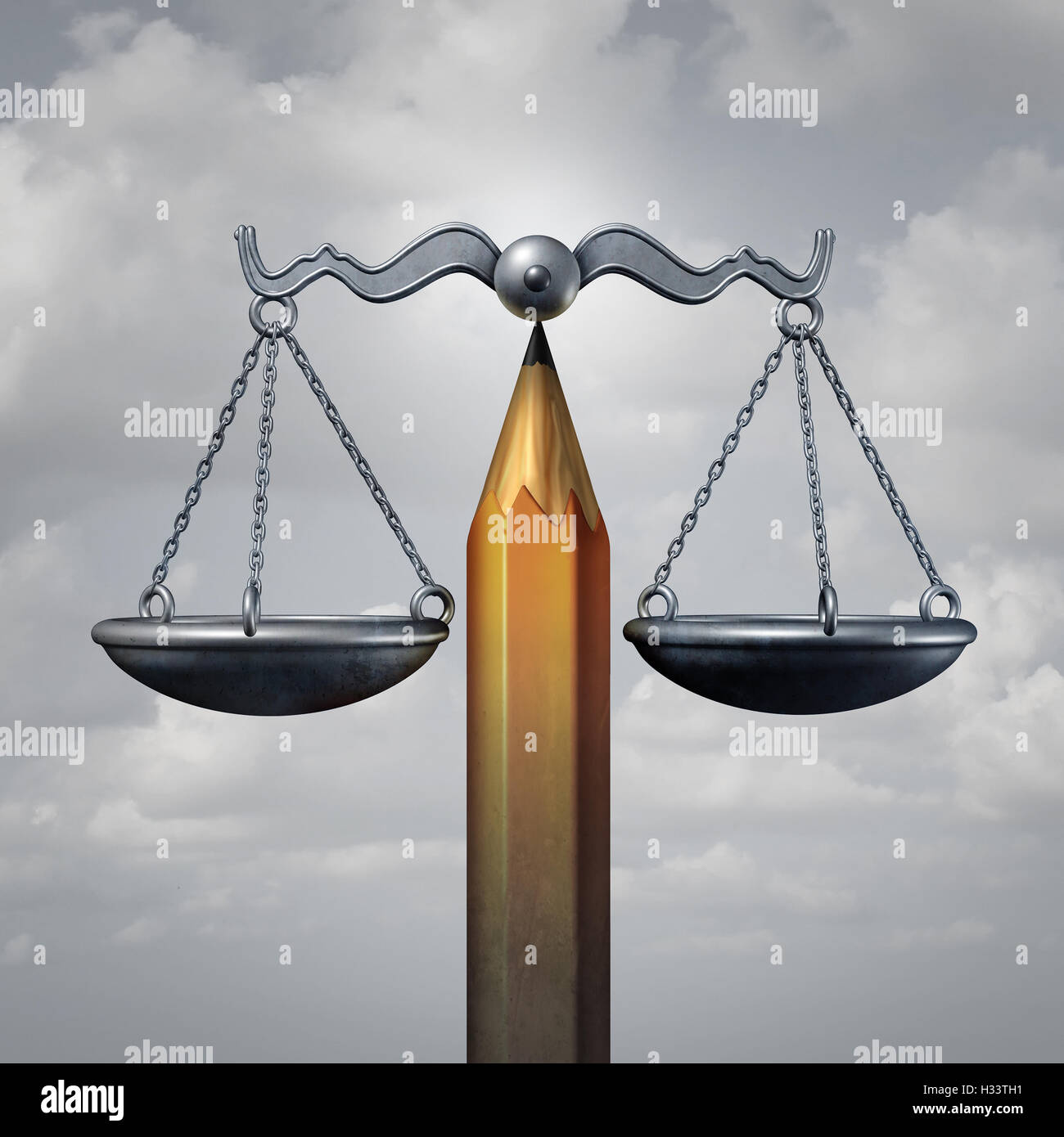 Concept juridique du droit de création ou de l'éducation de l'homme qu'un crayon en balance une échelle de la justice comme une métaphore pour la planification ou l'avocat de l'homme comme une liberté d'expression 3D illustration. Banque D'Images