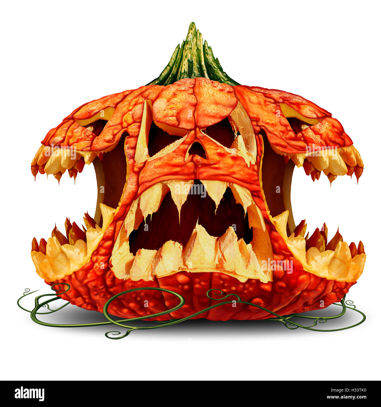 Scary Halloween Pumpkin jeu de caractères et creepy jack o lantern, créature à têtes multiples sur un fond blanc comme un symbole pour l'automne et l'automne communication festive avec 3D illustration éléments. Banque D'Images