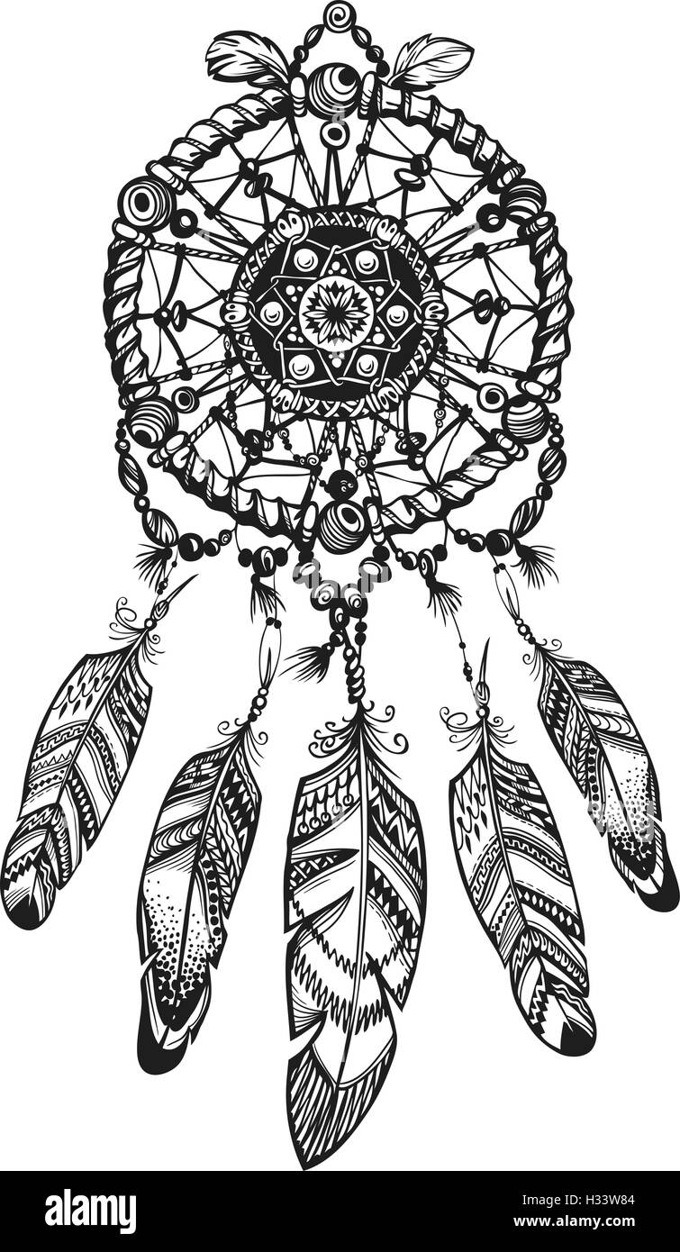 Indian Dream Catcher avec ornements ethniques. Vector illustration isolé sur fond blanc Illustration de Vecteur