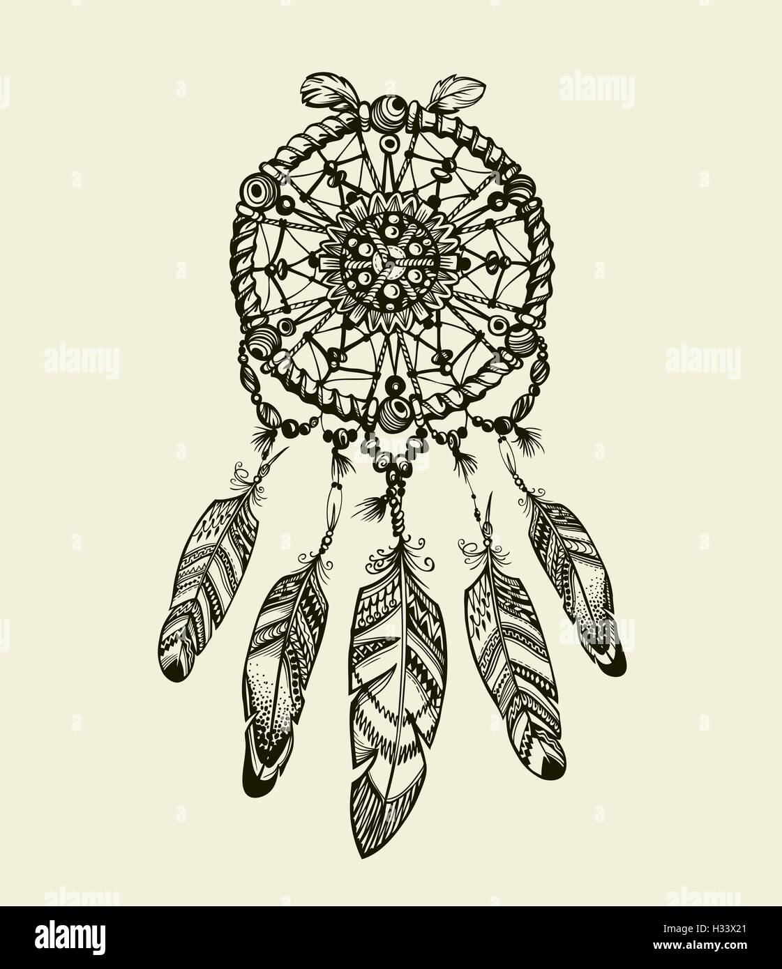 Dreamcatcher dessiné à la main avec des plumes. Amulette indienne Vintage motifs ethniques Illustration de Vecteur