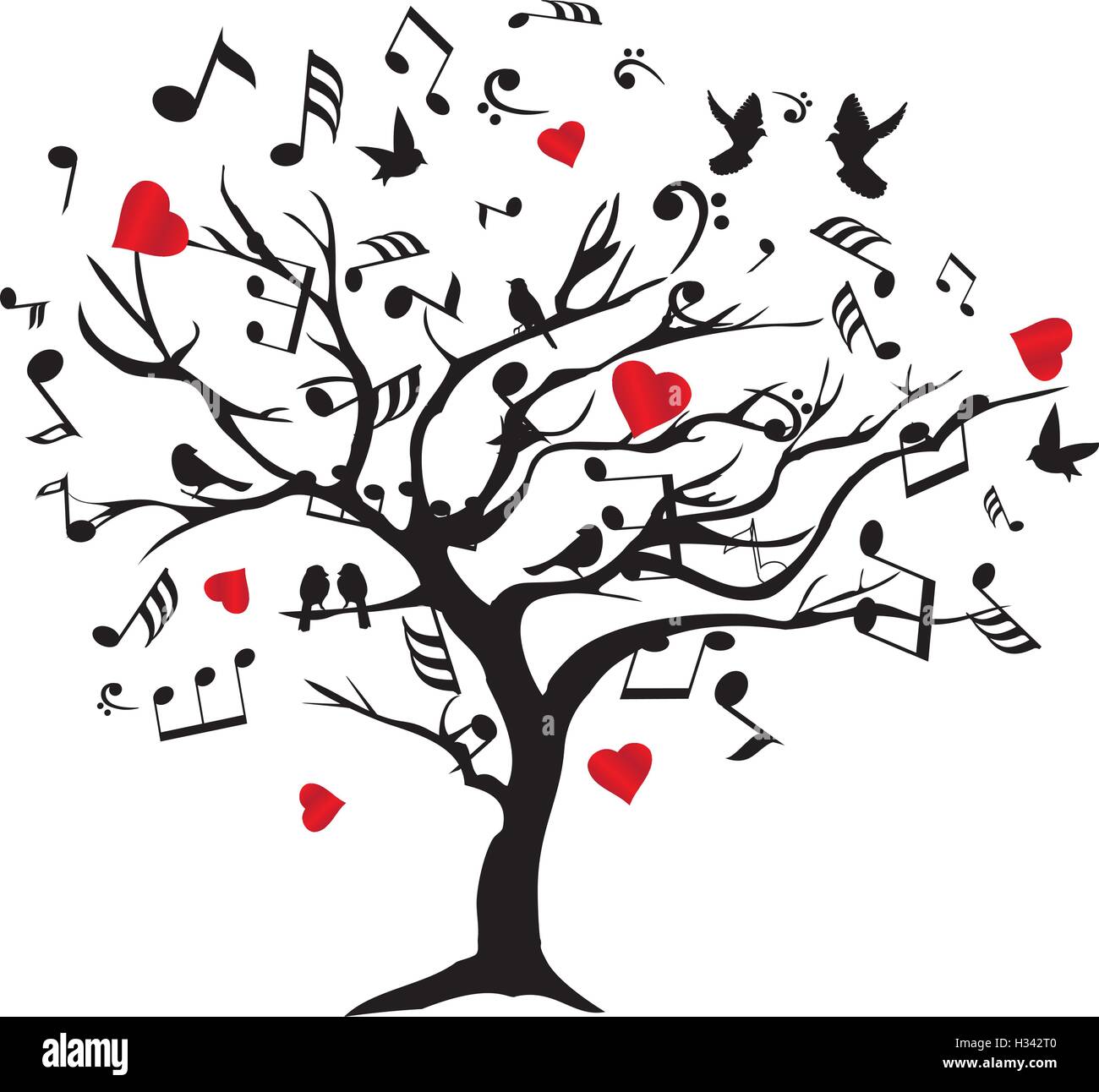 Vector illustration d'un arbre avec des notes de musique, cœurs, oiseaux Illustration de Vecteur