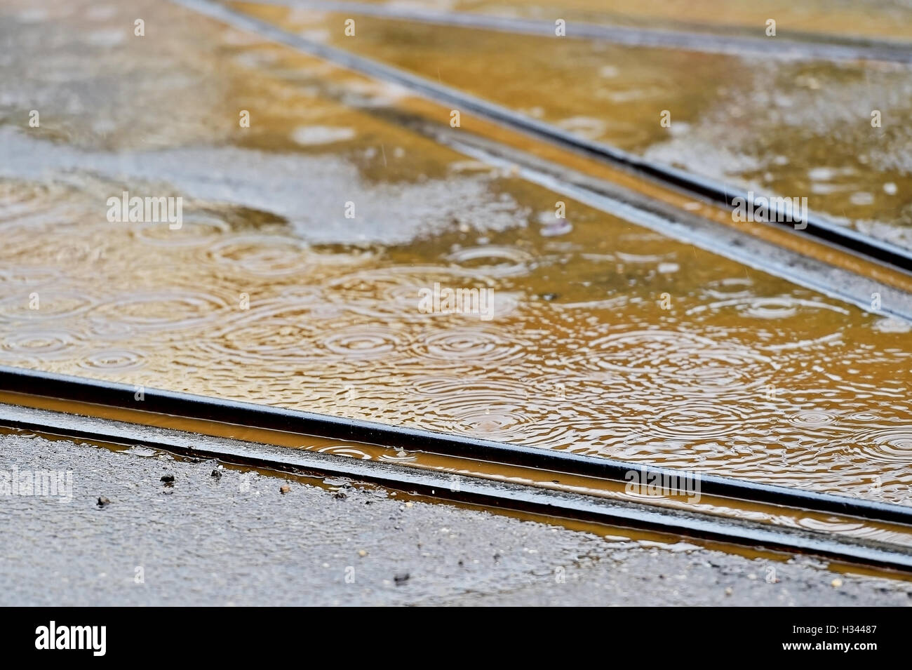 Détail tourné avec des précipitations au cours de la voie de tramway Banque D'Images