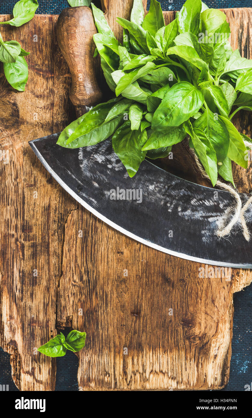 Basilic frais et vintage herb hacheur sur bord rustique en bois Banque D'Images