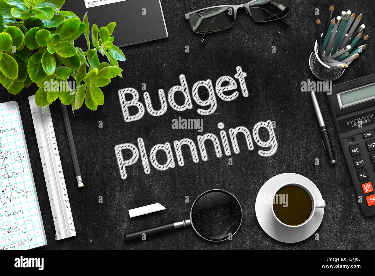 La planification budgétaire - Texte sur tableau noir. Le Rendu 3D. Banque D'Images
