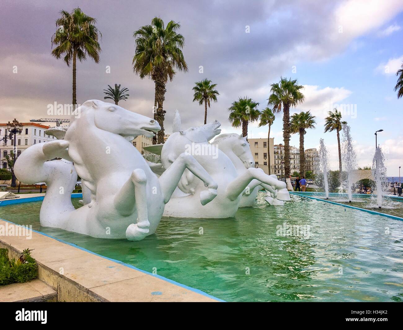 Sculpture de cheval et piscine en face de l'institut national de musique d'Alger. Banque D'Images