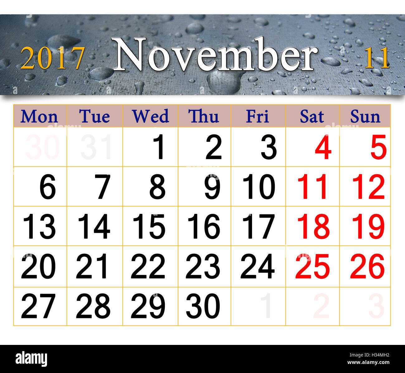Calendrier de novembre 2017 avec des gouttes de pluie sur la surface du verre Banque D'Images