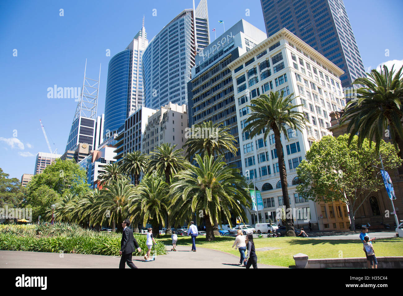 Le jardin botanique royal de Sydney et ses tours de bureaux en hauteur s'élèvent dans les gratte-ciel du quartier des affaires, Sydney, Australie Banque D'Images