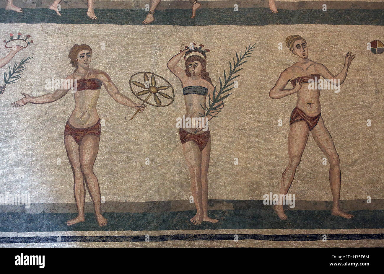 Mosaïque, Villa Romana del Casale, Piazza Armerina, l'UNESCO, Sicile, Italie Banque D'Images