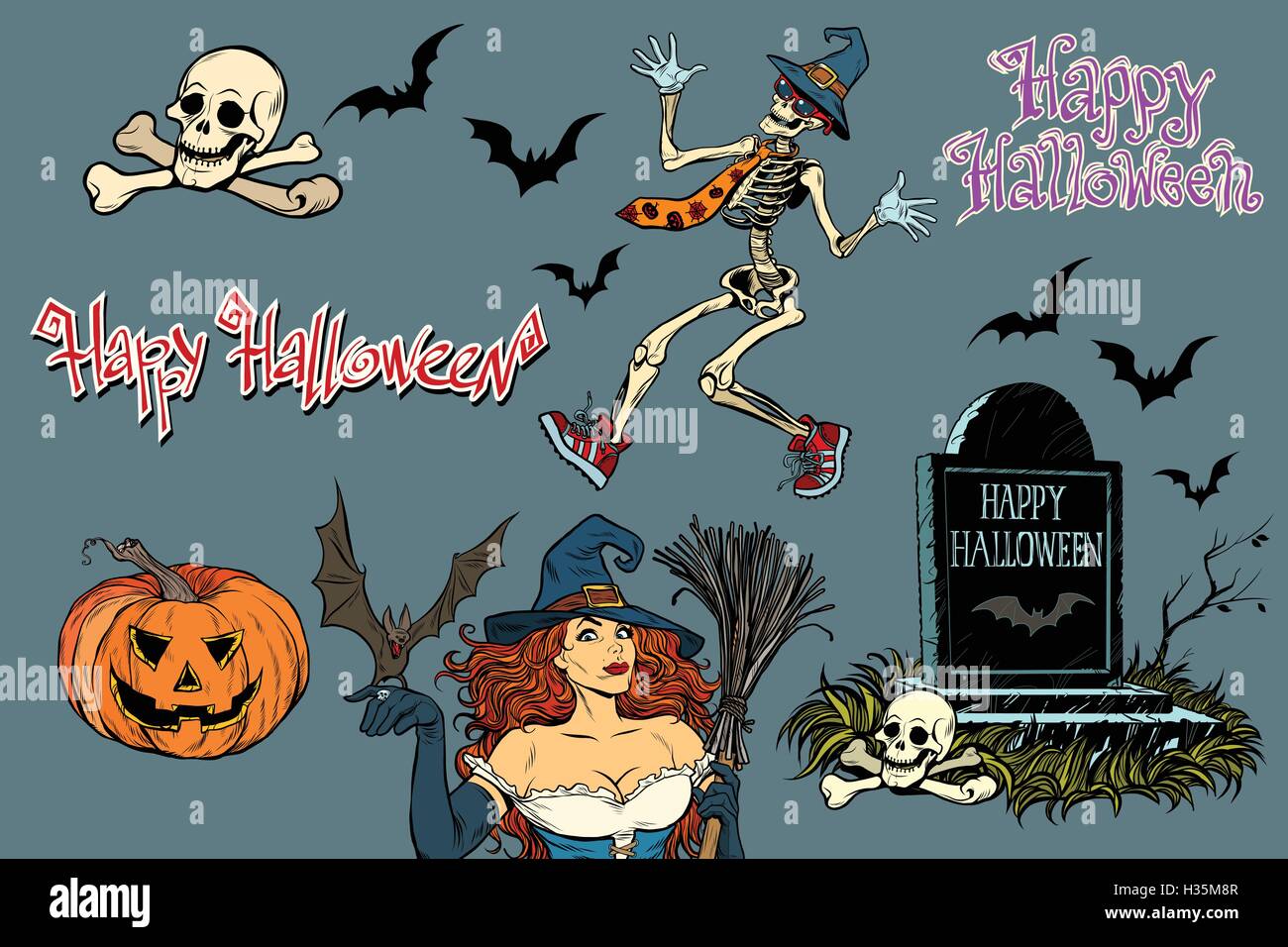 Happy Halloween une collection de caractères. Autocollants squelette, g Illustration de Vecteur