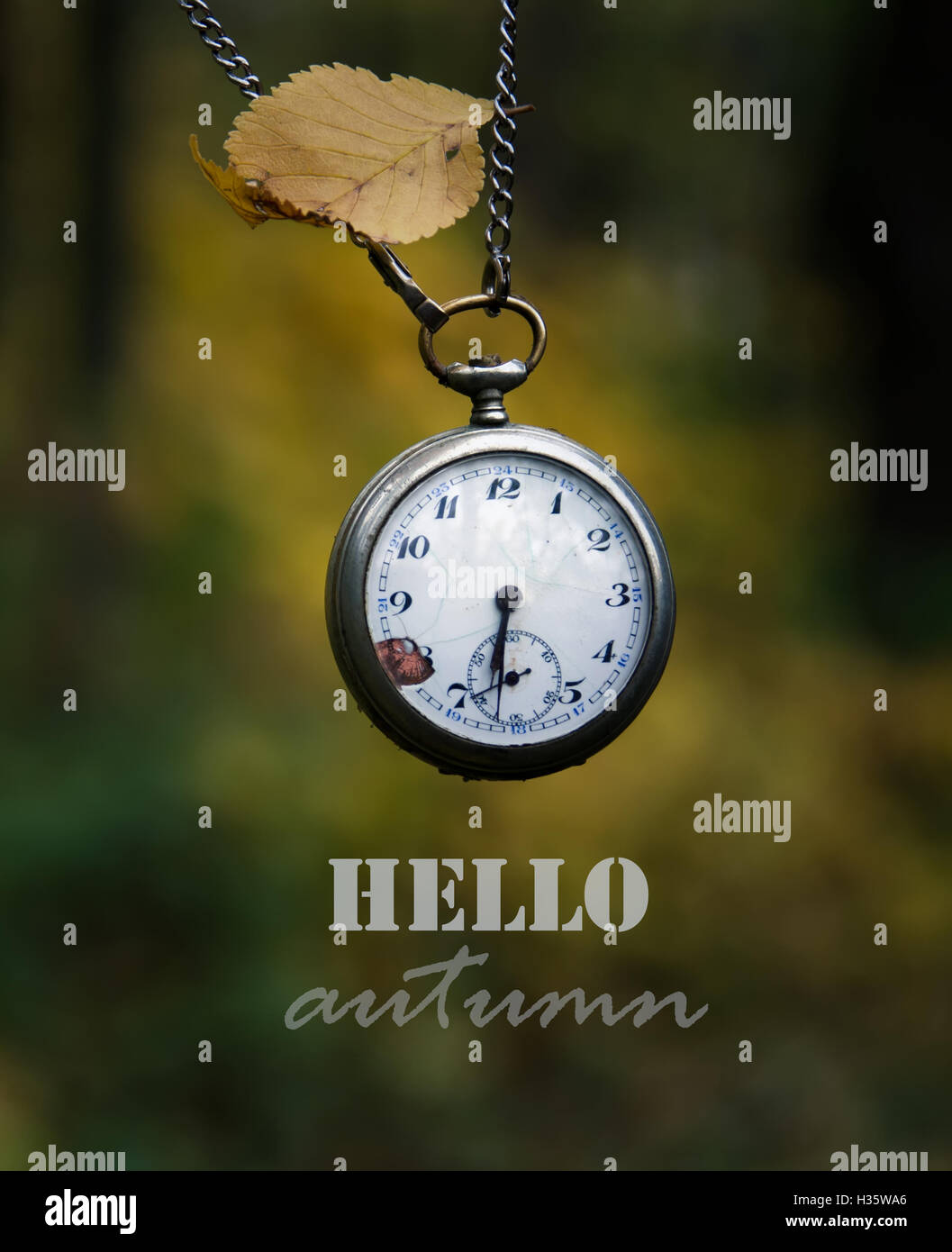 Bonjour Automne texte, park et old pocket watch Banque D'Images