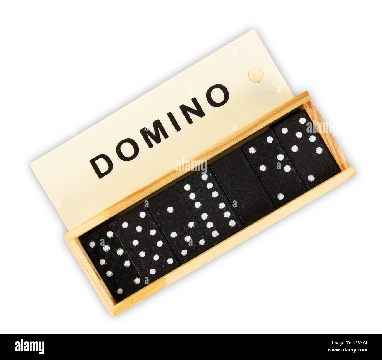 Jeu de domino dans la boîte en bois Banque D'Images