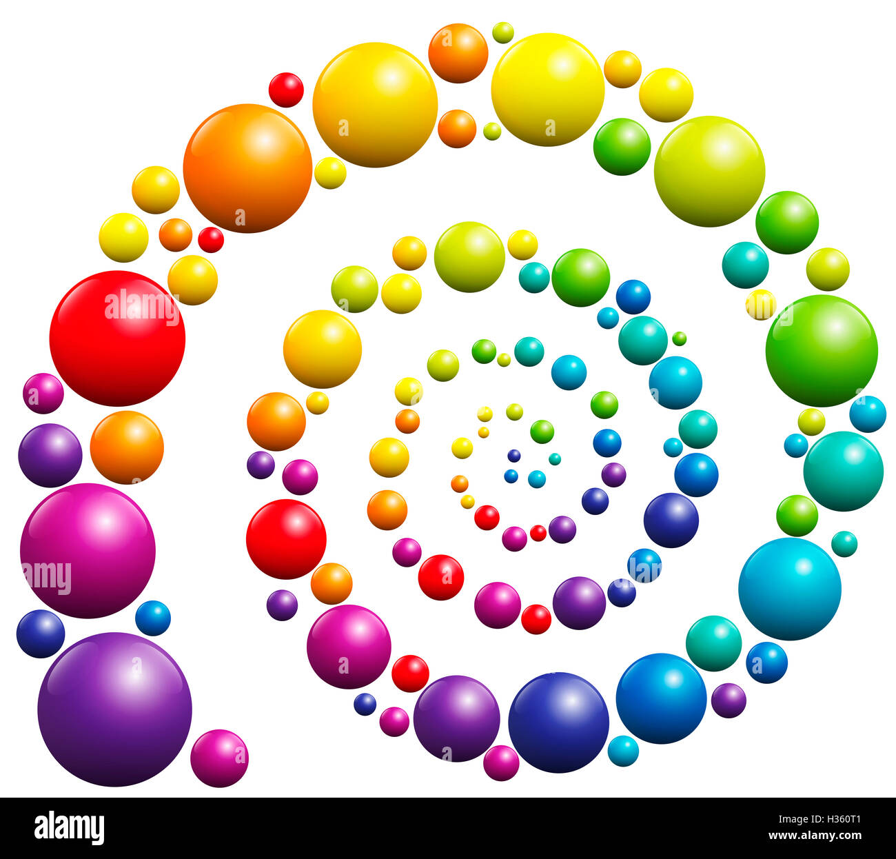Spirale avec boules colorées sur fond blanc. Banque D'Images