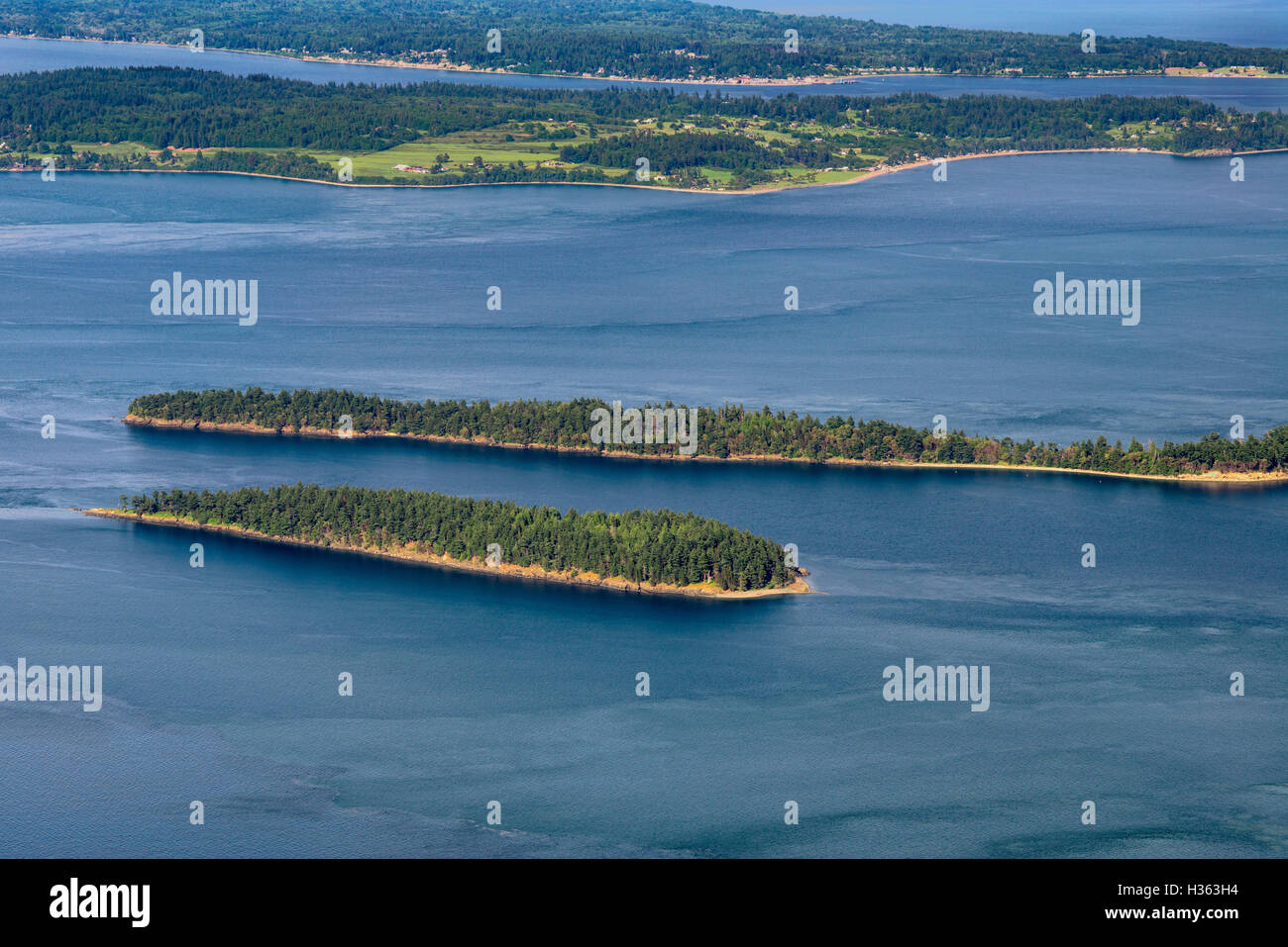 USA, Washington, Orcas Island, vue depuis le mont Constitution vers (dans l'ordre), l'Île Barnes Clark et l'île de Lummi Island. Banque D'Images