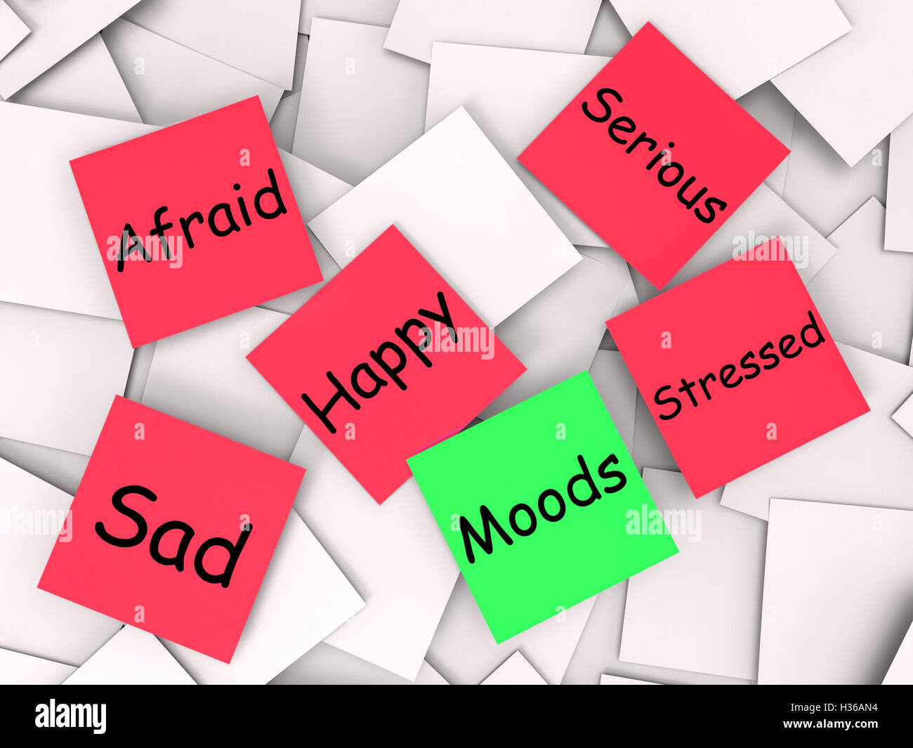 Moods Post-It Note signifie joyeux triste a souligné peur Banque D'Images