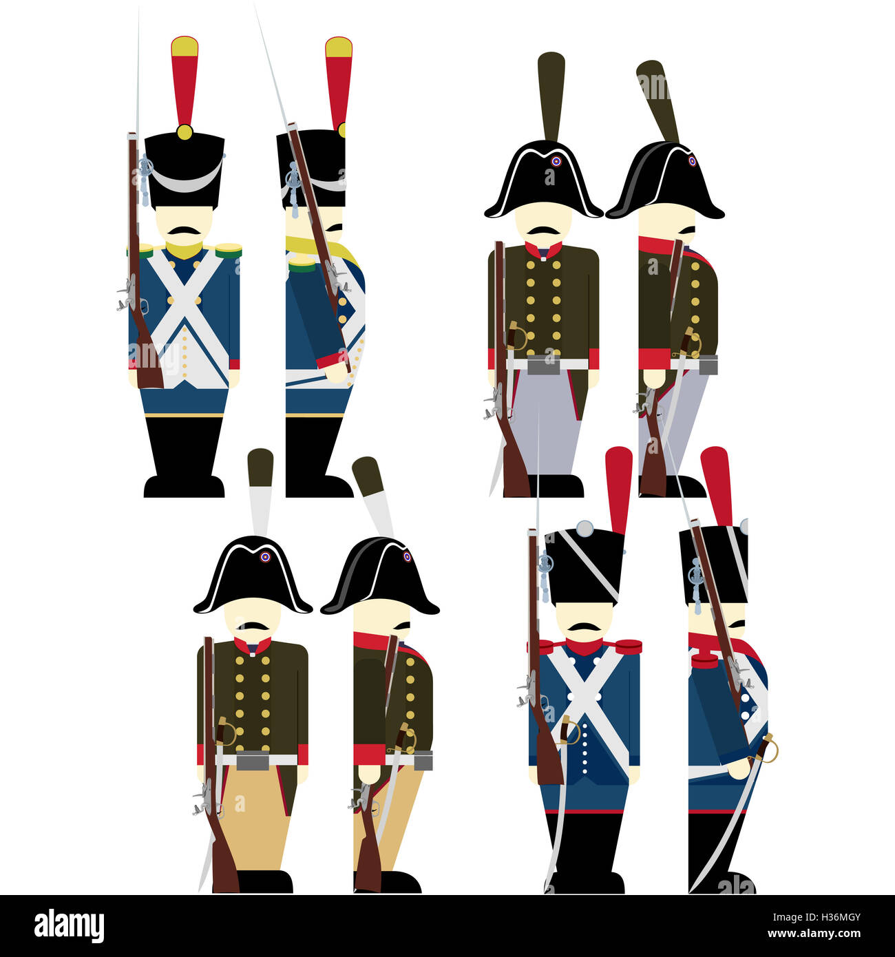 Les soldats de l'armée française en uniforme et des armes ont été utilisées dans la guerre de 1812. L'illustration sur un fond blanc. Banque D'Images