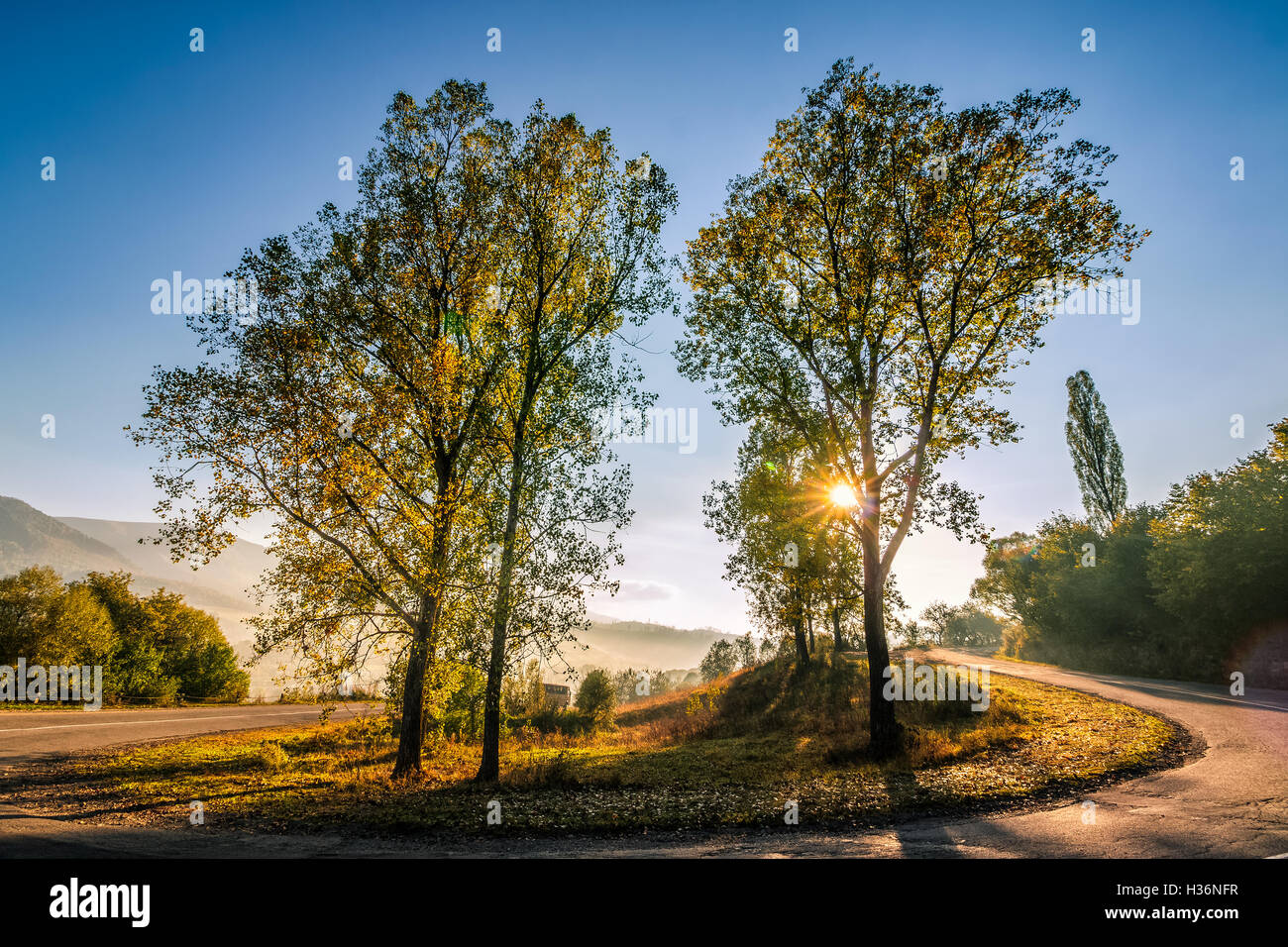 Route de montagne sinueuse vide sur une colline au petit matin Banque D'Images