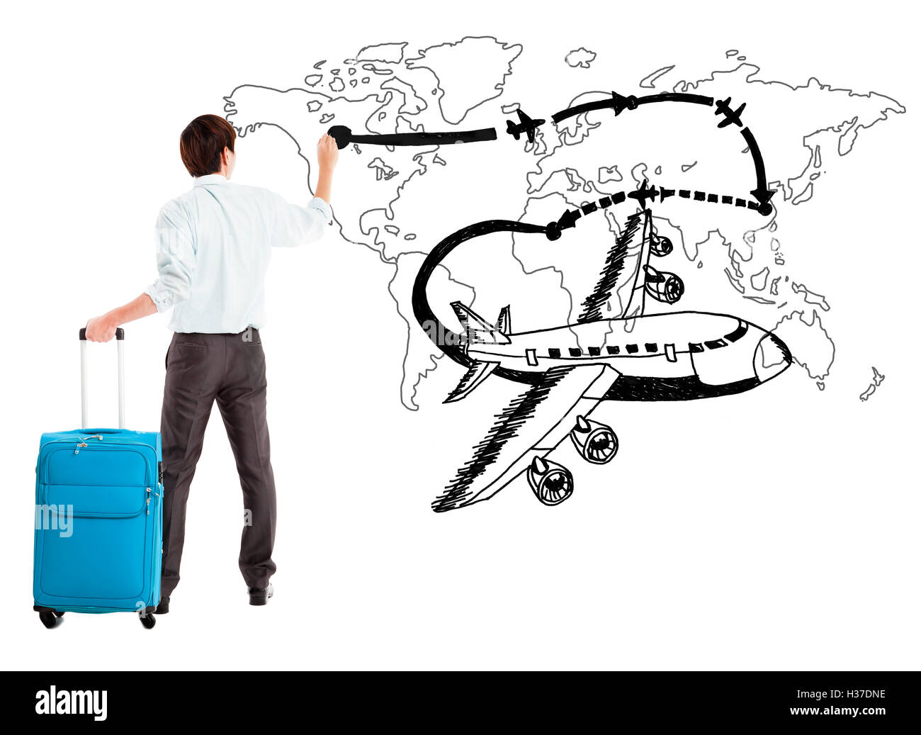 Jeune homme d'avion et compagnie aérienne dessin chemin sur la carte Banque D'Images