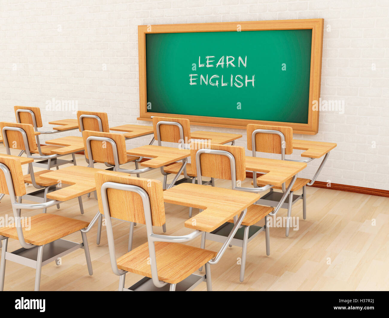 Moteur de rendu 3d image. Salle de classe vide et tableau sur l'apprentissage de l'anglais. Concept de l'éducation. Banque D'Images
