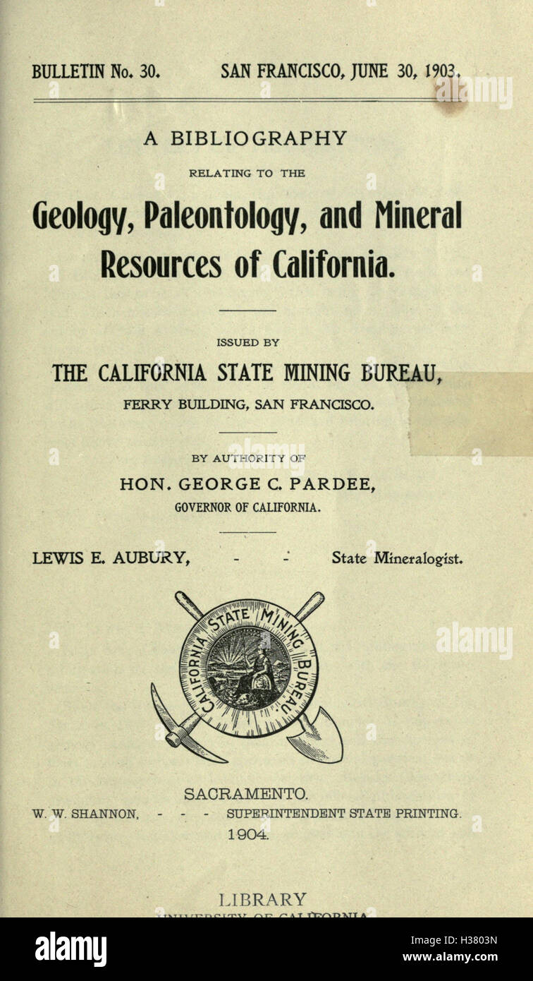 Une bibliographie relative à la géologie, paléontologie, et des ressources minérales de Californie BHL186 Banque D'Images