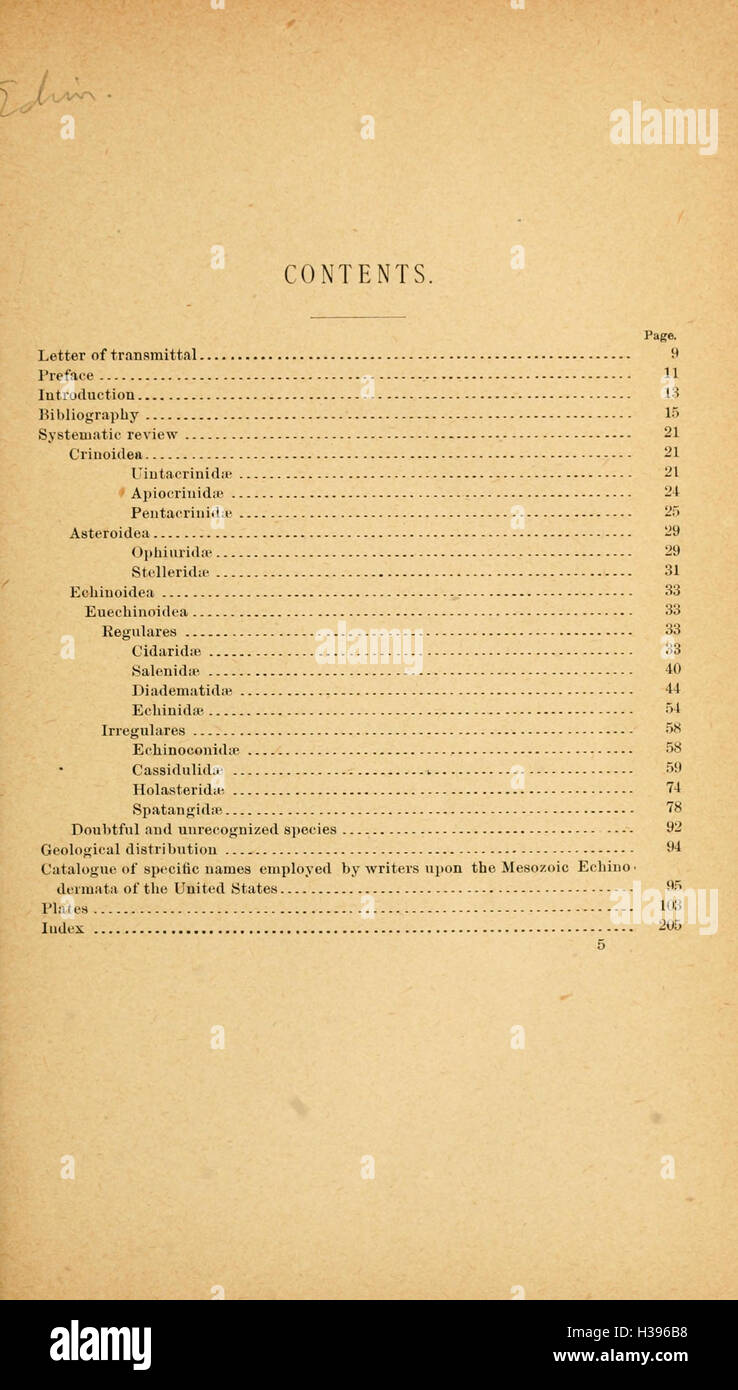 Cette page traite des échinodermes de l'ère mésozoïque trouvés aux États-Unis, y compris leurs espèces, leur classification et leur signification paléontologique. Banque D'Images