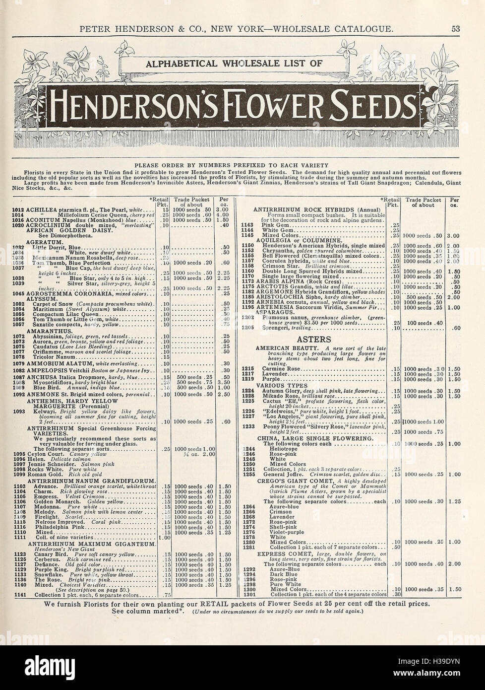 Ce catalogue de gros de 1934 propose une variété de plantes, de graines et d'outils de jardinage destinés aux jardiniers et fleuristes, fournissant un aperçu des pratiques horticoles et des offres de produits de l'époque. Banque D'Images