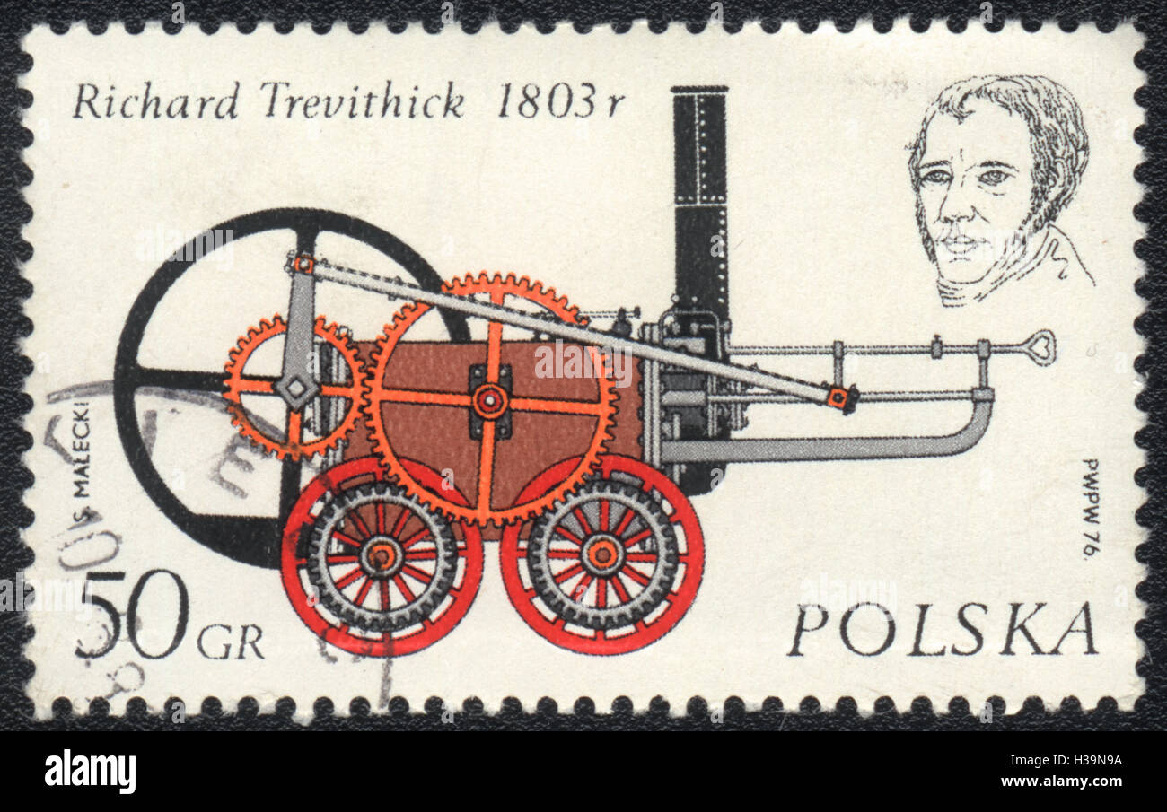 Un timbre-poste imprimé en Pologne montre locomotive Flux par Richard Trevithick, vers 1976 Banque D'Images