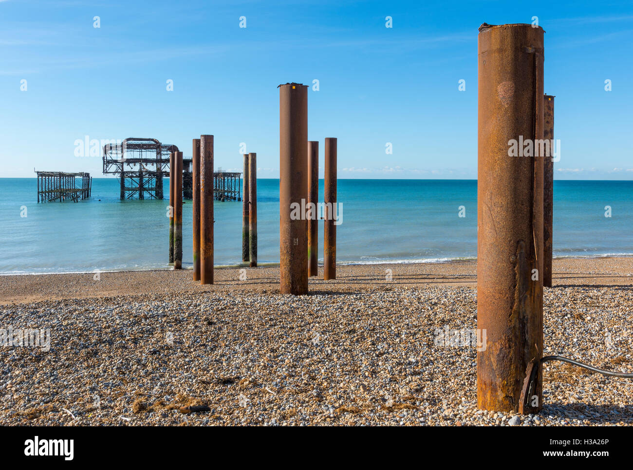 West Pier de Brighton. Ancienne jetée de Brighton. Vestiges de l'ancienne West Pier de Brighton, East Sussex, Angleterre, Royaume-Uni. Brighton West Pier. Ancienne jetée de Brighton. Banque D'Images