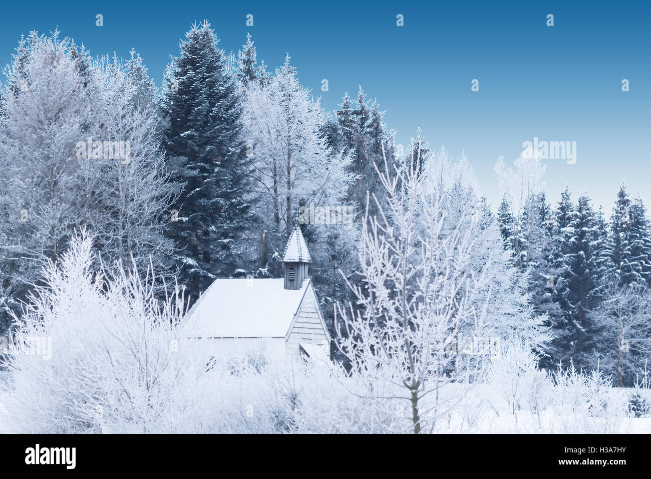 Peu enneigées dans la chapelle en bois de la forêt d'hiver glacial. Belle vue paisible en Allemagne Bavière Allgaeu province Banque D'Images