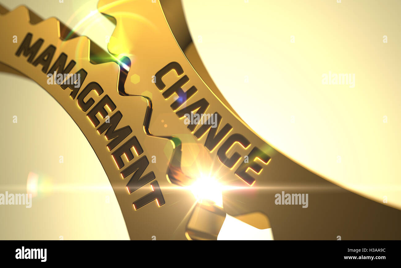 Concept de gestion du changement. Les pignons métalliques d'or. 3D. Banque D'Images