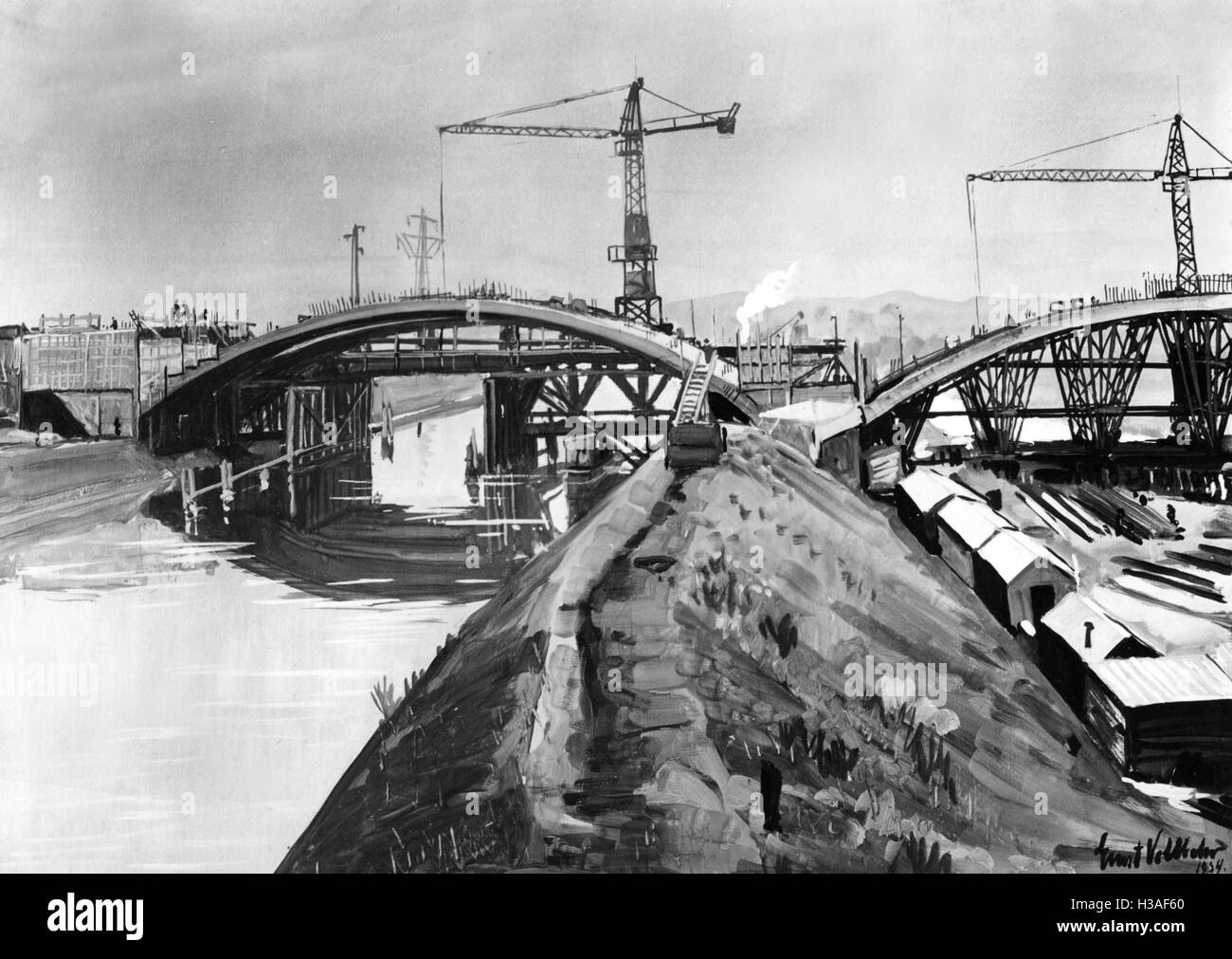 Peinture de Ernst Vollbehr : pont de l'autoroute à Mannheim, 1935 Banque D'Images