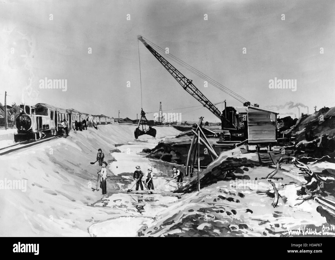 Peinture de Ernst Vollbehr : chantier de construction routière, à Brême, 1935 Banque D'Images