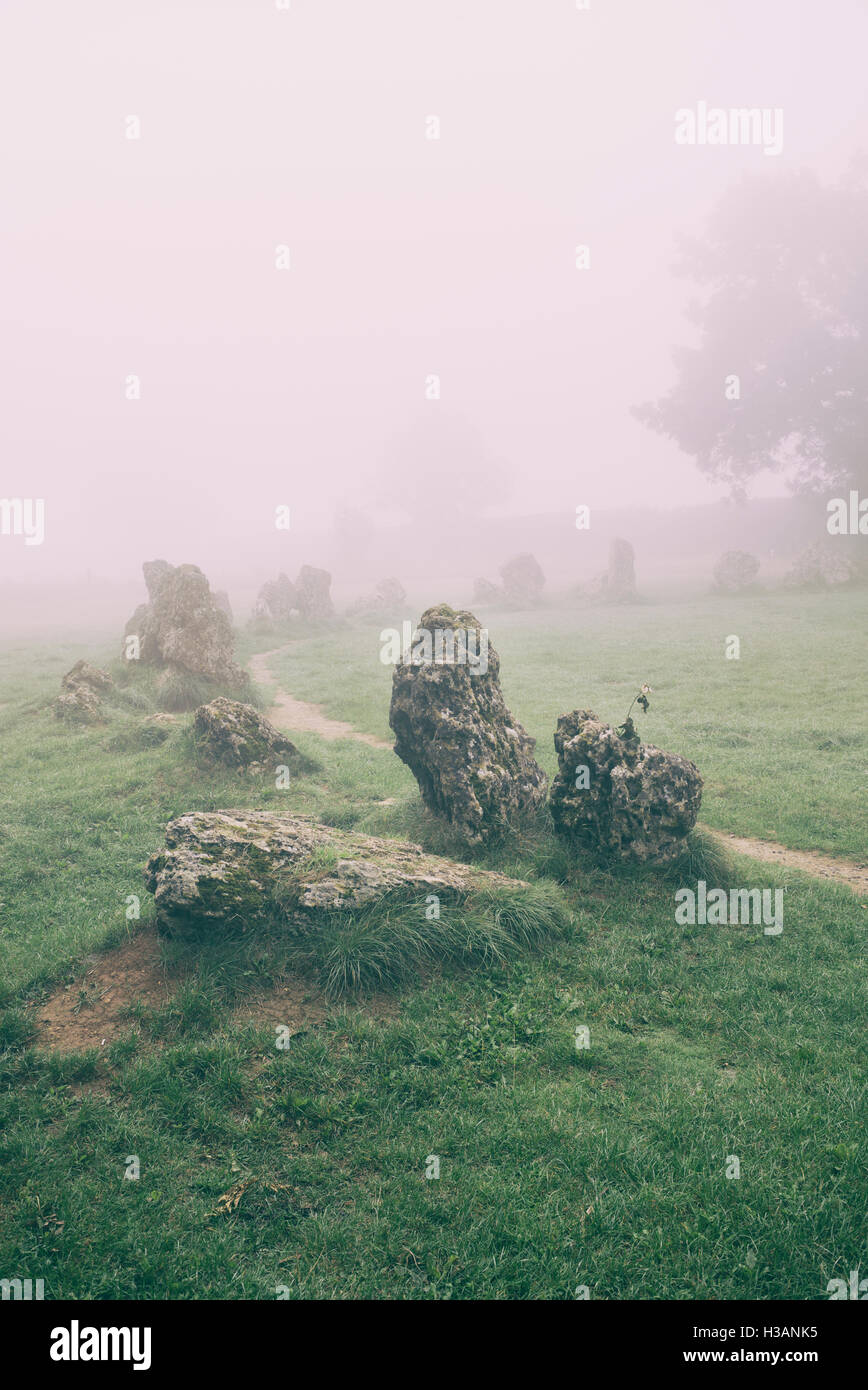 Le Rollright stones dans le brouillard. L'Oxfordshire, Angleterre. Vintage filtre appliqué Banque D'Images
