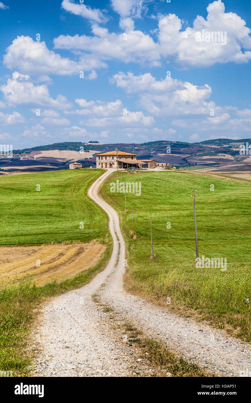Toscane pittoresque paysage avec ferme traditionnelle et collines dans le Val d'Orcia, Italie Banque D'Images