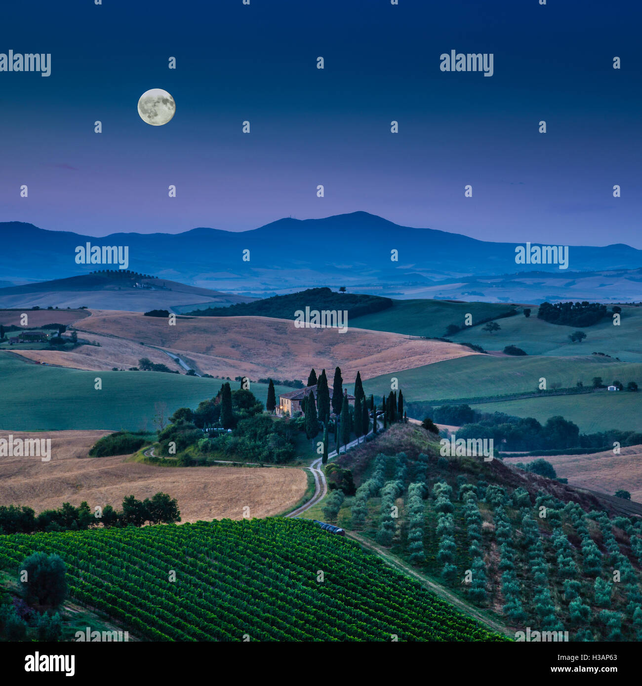 Le paysage pittoresque de la Toscane avec ses collines et vallées de belle lune à l'aube, Val d'Orcia, Italie Banque D'Images