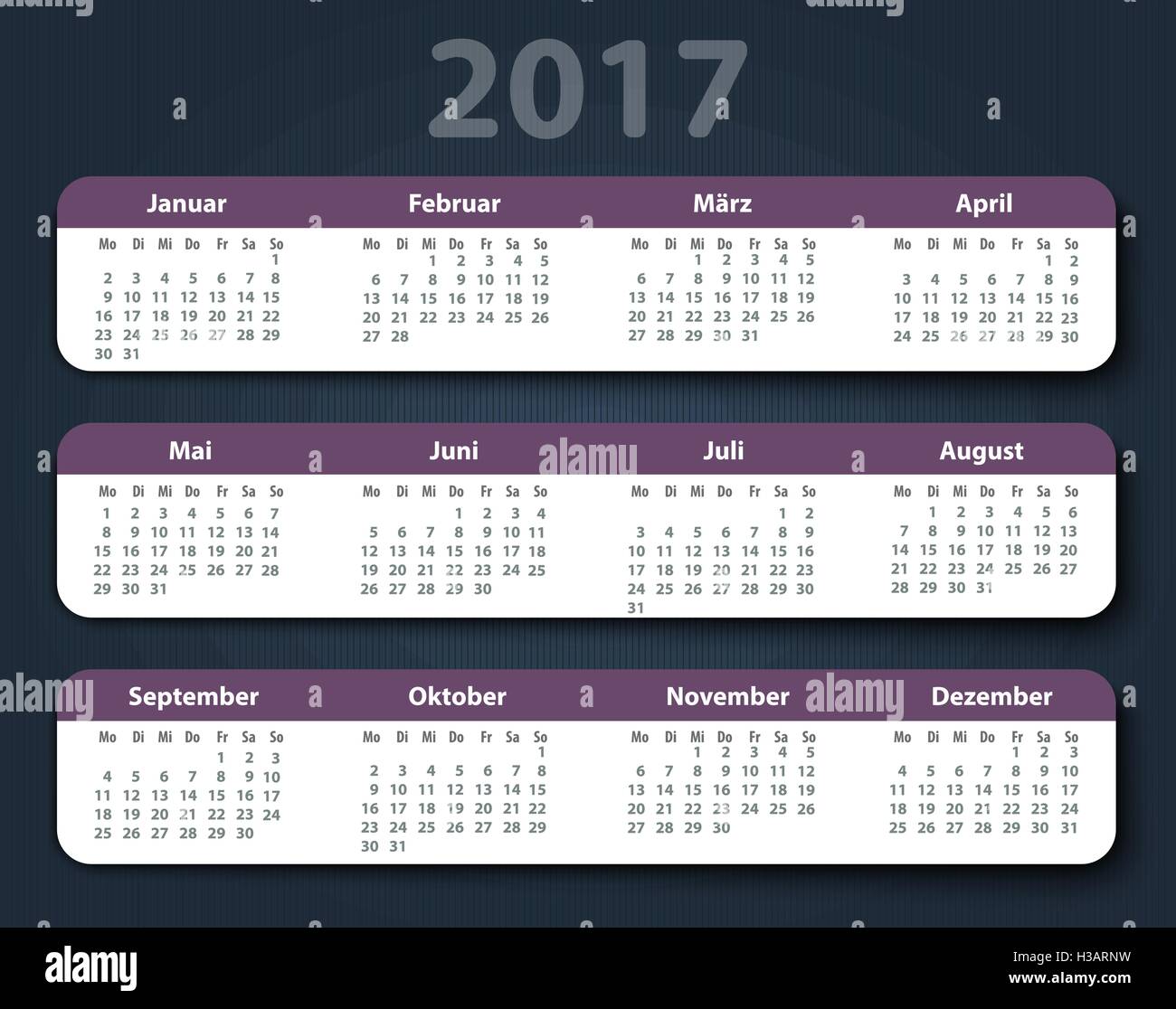 L'année 2017 Calendrier allemand. La semaine commençant le lundi Illustration de Vecteur