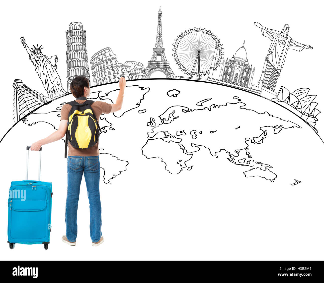 Jeune homme encombrement global map et célèbre Banque D'Images