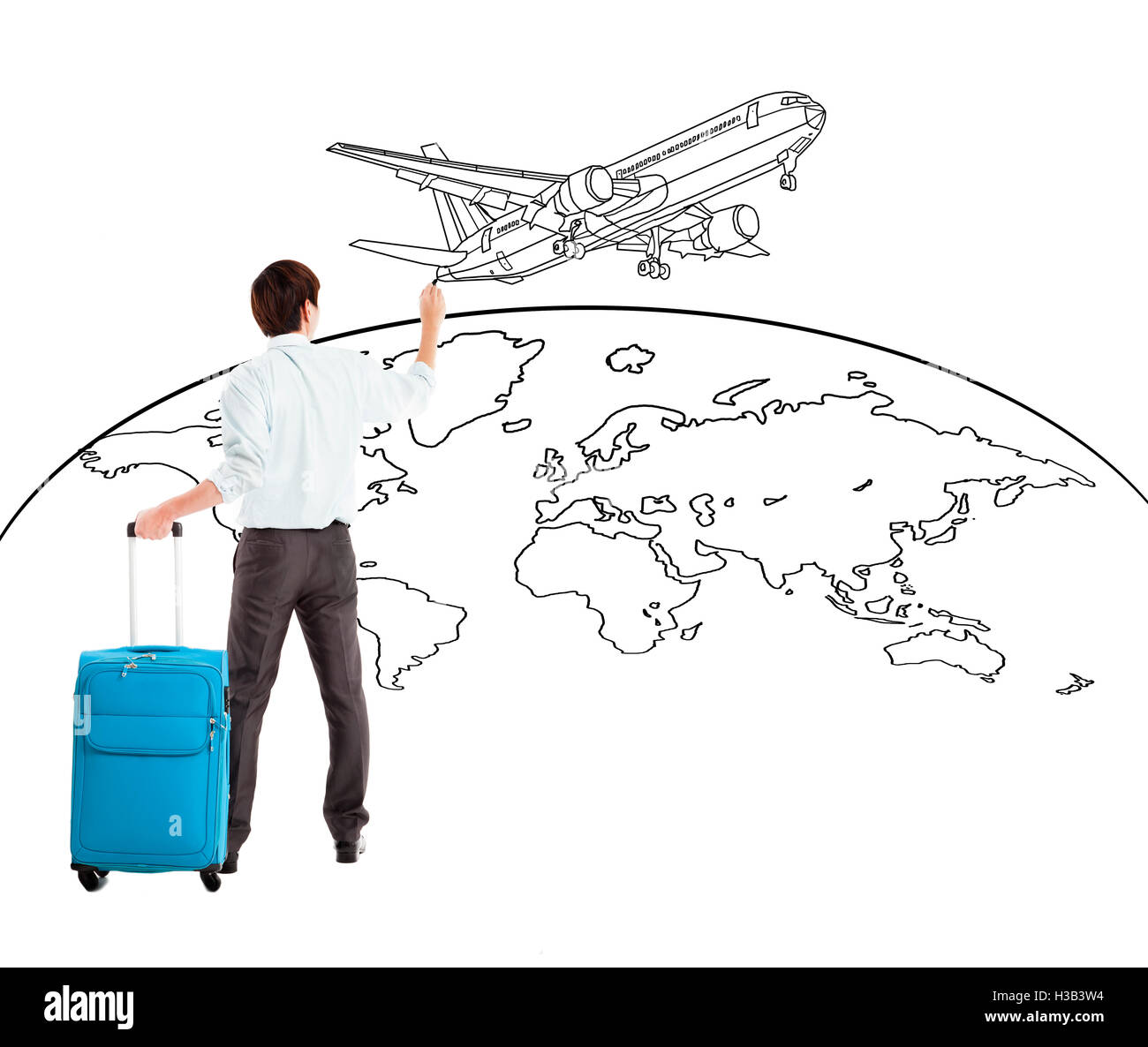 Jeune homme d'avion dessin et carte du monde Banque D'Images