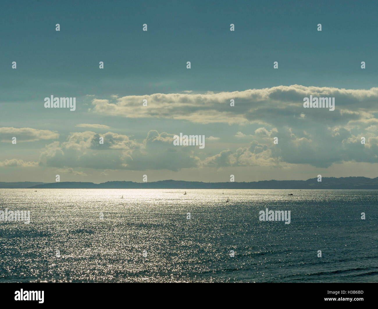 Soleil d'automne, ciel bleu, du sable, des algues, des rochers et des rigoles visibles à marée basse, près de la ville balnéaire de Exmouth, Devon. Banque D'Images