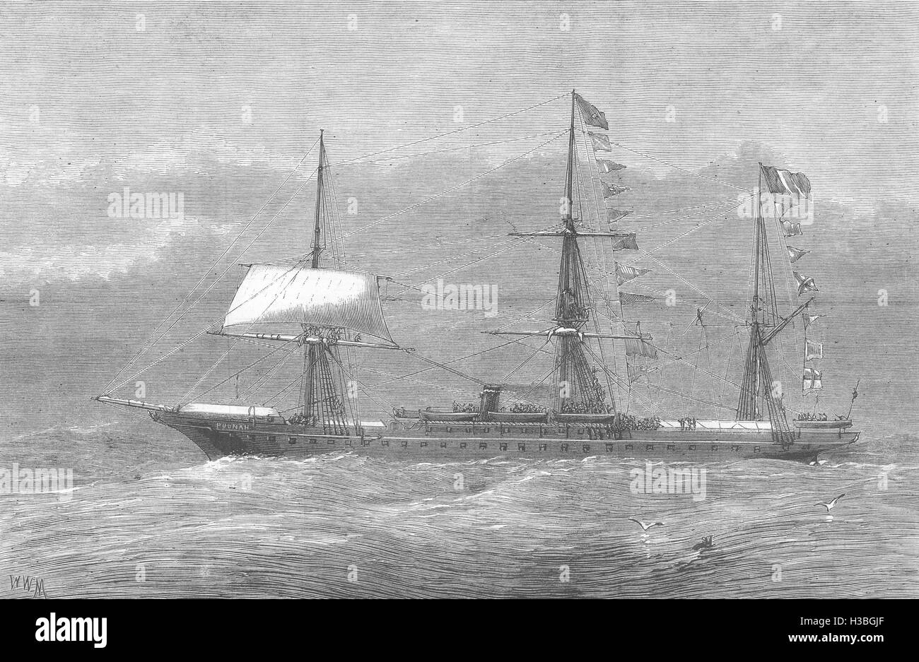 L'INDE Rope-balade en mer-M Blondin à bord du P et O Steamer Pune 1875. Le graphique Banque D'Images